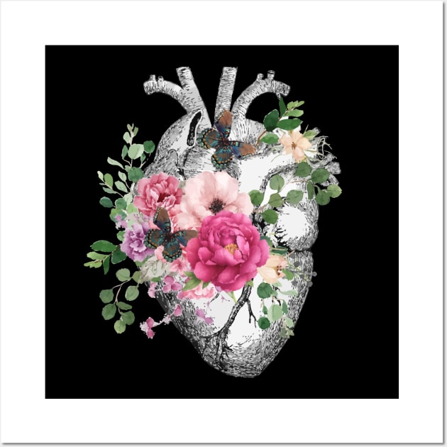 Pink roses and butterflies Floral Heart Human Anatomy Wall Art by Collagedream